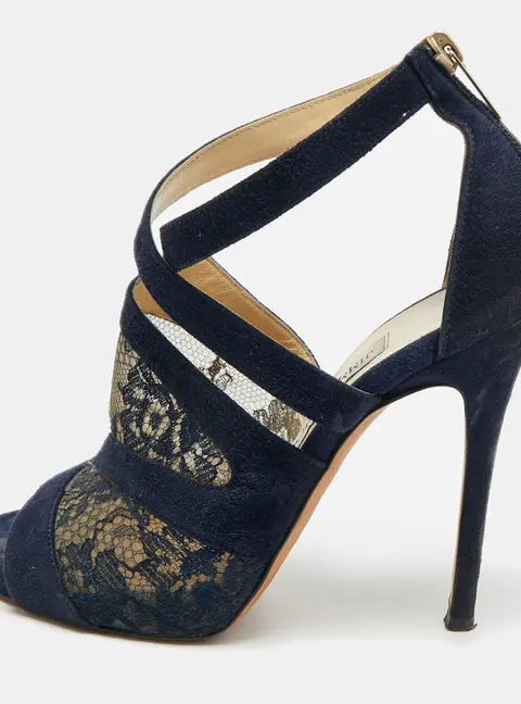 Jimmy Choo Vantage Size 37 Black Mesh and Suede Ankle Strap Sandals