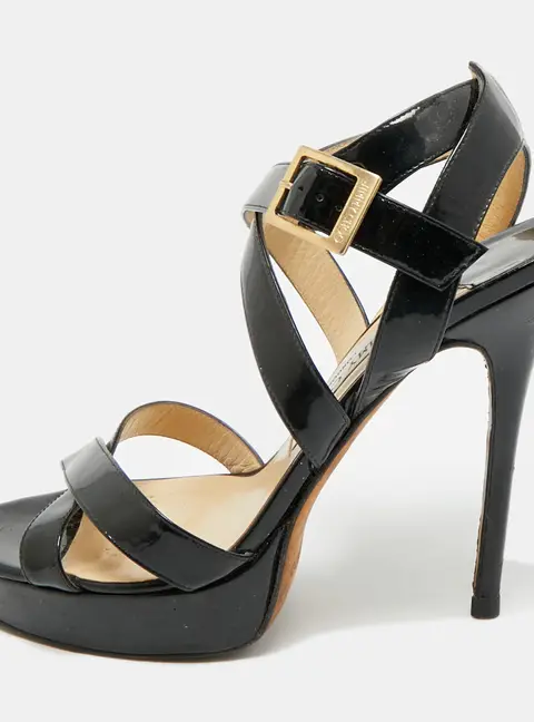 Jimmy Choo Louise Size 39 Black Patent Leather Ankle Strap Sandals