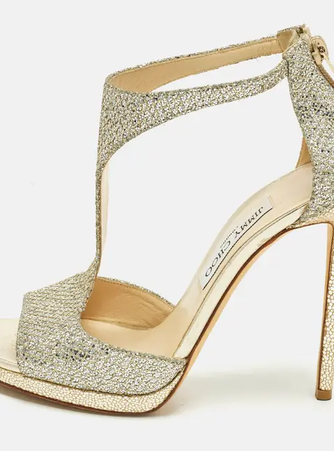 Jimmy Choo Lana 120 Size 39 Gold Glitter T Strap Sandals