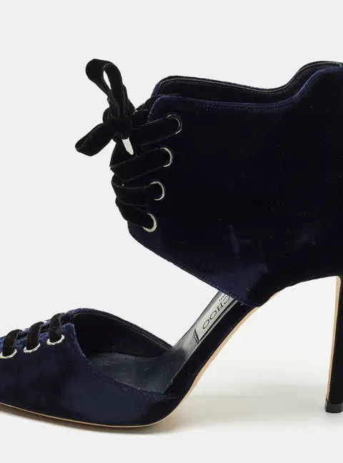 Jimmy Choo Mari Size 37 Navy Blue Velvet Cut-Out Ankle Length Boots