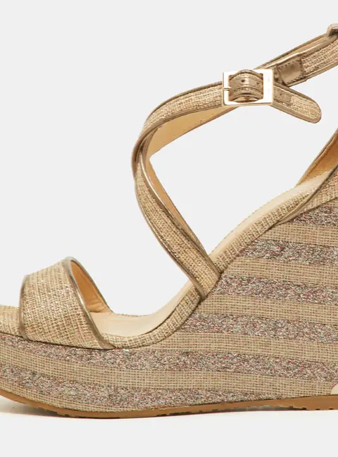 Jimmy Choo Size 39 Metallic Mesh and Leather Cross Strap Platform Wedge Sandals