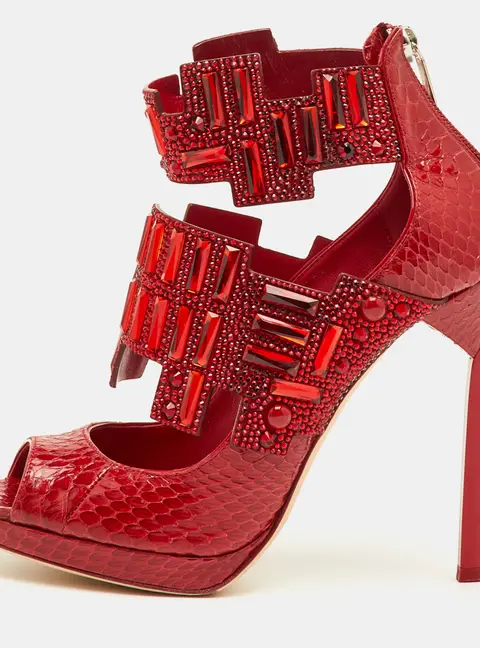 Jimmy Choo Jing Size 38.5 Red Snakeskin Leather Crystal Embellished Ankle Booties