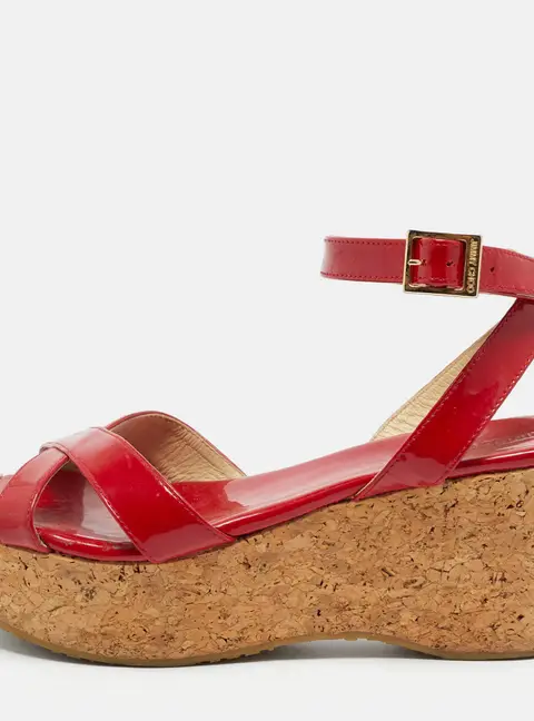 Jimmy Choo Panther Size 39 Red Patent Leather Cork Platform Ankle Strap Sandals