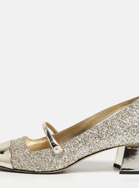 Jimmy Choo Elisa Size 38.5 Gold Glitter and Patent Leather Mary Jane Pumps