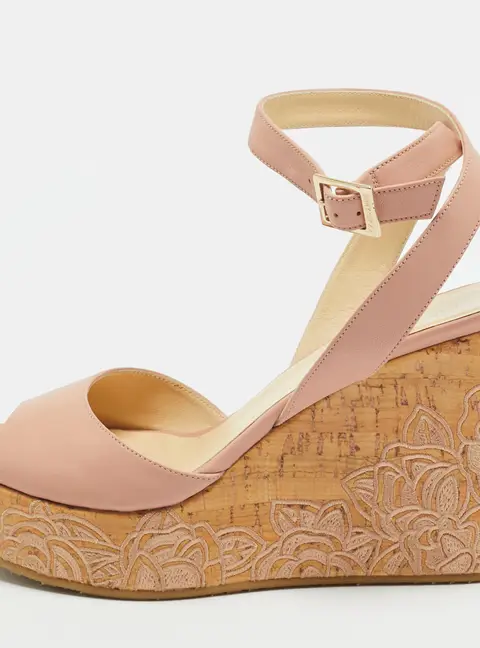 Jimmy Choo Patara Size 39 Pink Leather Embroidered cork Wedge Sandals