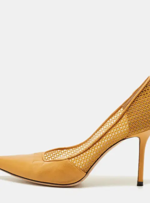 Jimmy Choo Love Size 38 Yellow Leather and Mesh Pumps