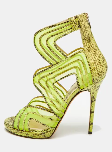 Jimmy Choo Magnum Size 40 Tricolor Net and Python Leather Cut-out Platform Pumps