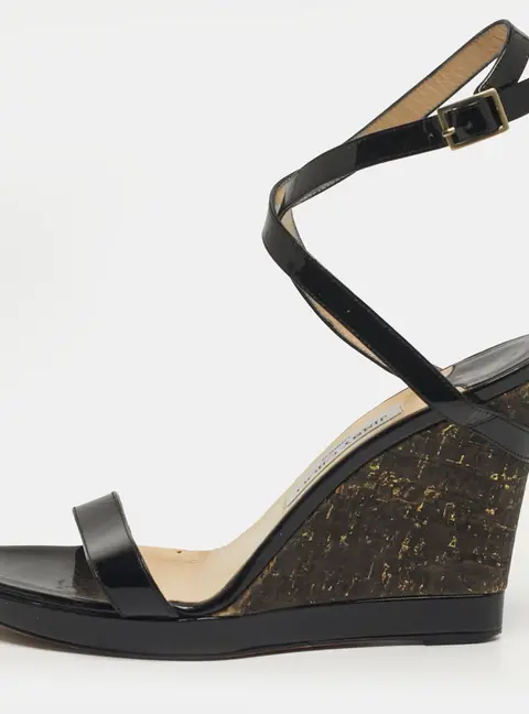 Jimmy Choo Alana Size 39 Black Patent Leather Cork Wedge Sandals