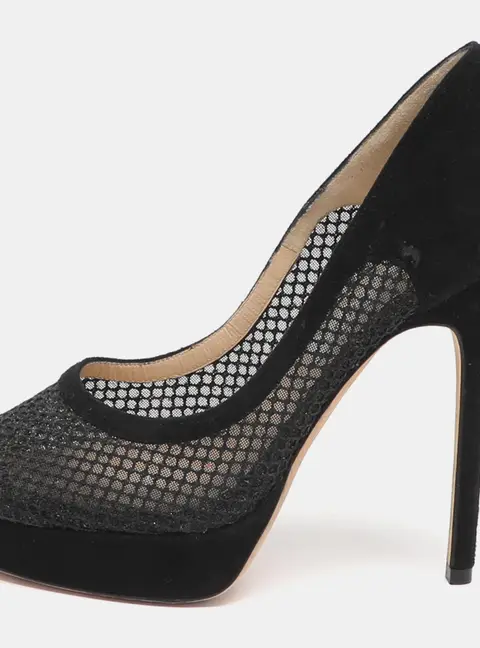 Jimmy Choo Tesia Size 36 Black Mesh and Suede Platform Pumps