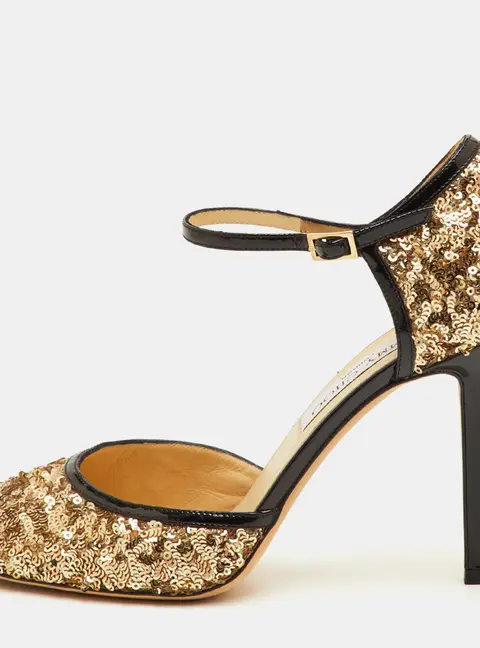 Jimmy Choo Tessa Size 37 Metallic Gold/Black Sequin and Patent Leather Ankle Strap Pumps