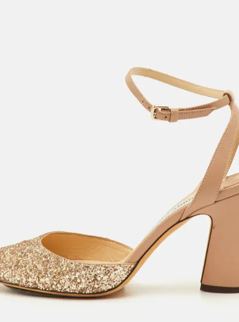 Jimmy Choo Micky Size 39.5 Beige Glitter and Leather Ankle Wrap Pumps