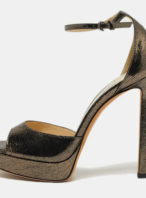 Jimmy Choo Size 38.5 Gold Foil Leather Ankle Strap Sandals