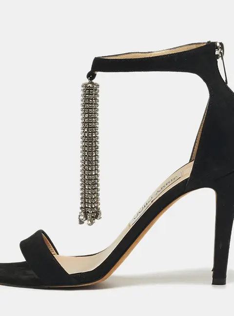 Jimmy Choo  Size 38 Black Suede Viola Crystal Fringe Sandals