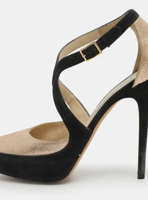 Jimmy Choo Size 38.5 Gold Glitter and Suede Platform Ankle Strap Pumps