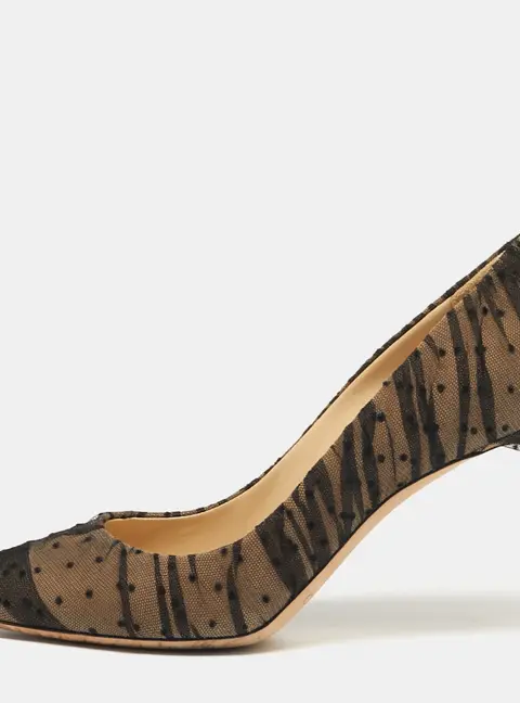 Jimmy Choo Romy Size 37 Black/Beige Mesh Dotted Pointed Toe Pumps