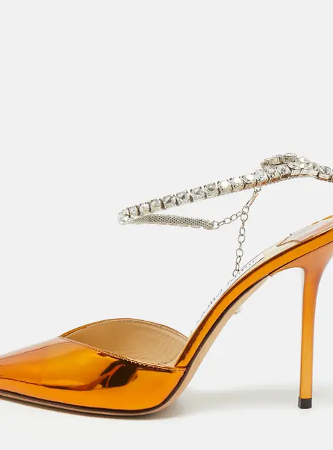 Jimmy Choo Saeda Size 37 Gold Leather Crystal Embellished Pumps