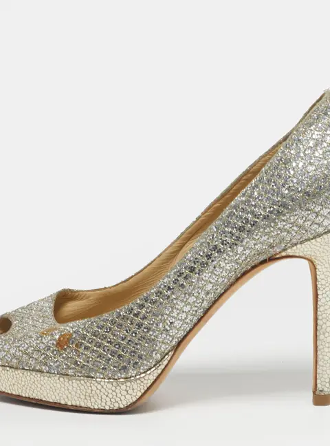 Jimmy Choo Luna Size 35.5 Silver Fabric and Glitter Peep Toe Pumps