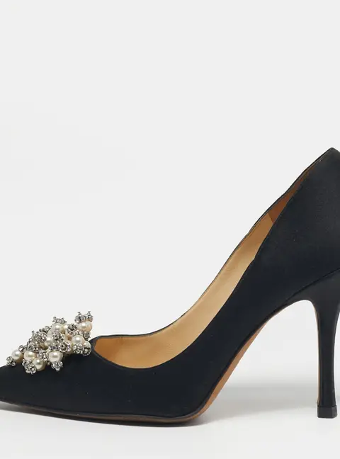 Jimmy Choo Manda Size 39.5 Black Satin Embellished Pointed Toe Pumps
