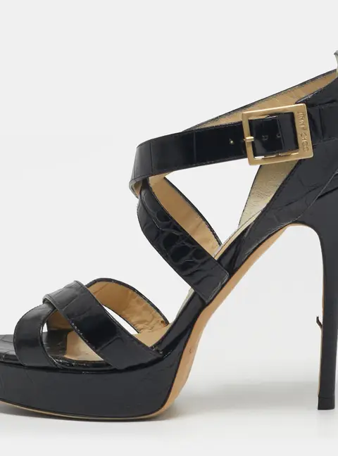 Jimmy Choo Size 38.5 Black Croc Embossed Leather Crisscross Ankle Strap Sandals
