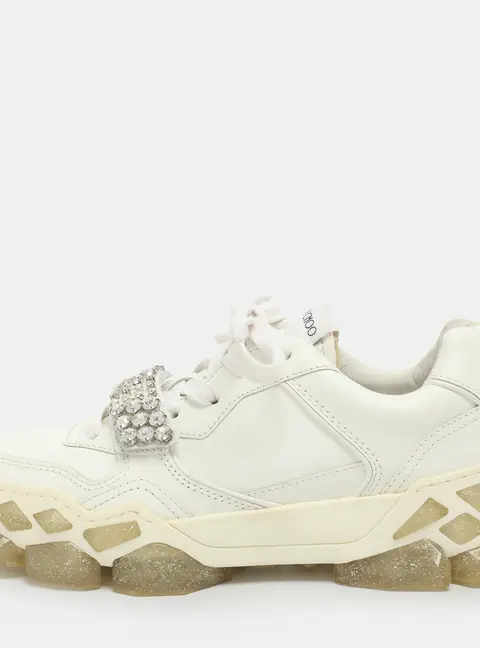 Jimmy Choo Diamond Crystal Embellished Size 37 White Leather Low Top Sneakers