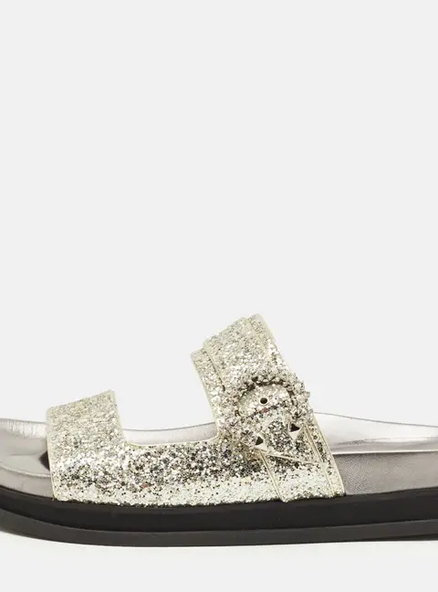 Jimmy Choo Marga Size 41 Silver Glitter and Leather Crystal Embellished Flat Sandals