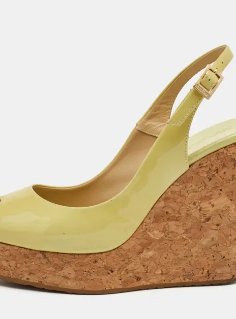 Jimmy Choo Praise Cork&nbsp;Size 39 Yellow Patent Leather Platform Slingback Wedge Sandals