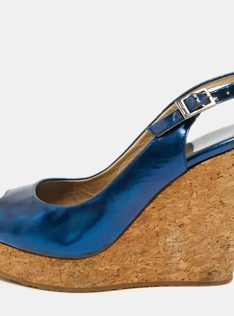 Jimmy Choo Prova Size 36.5 Metallic Blue Leather Wedge Sandals