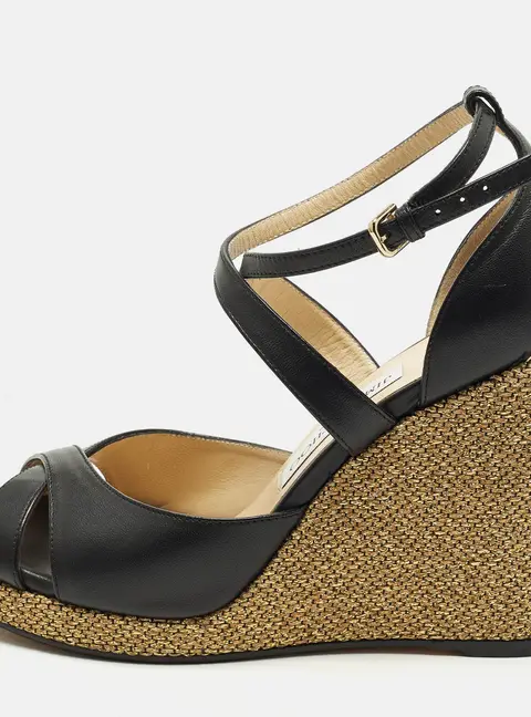 Jimmy Choo Alanah Size 39 Black Leather Wedge Sandals