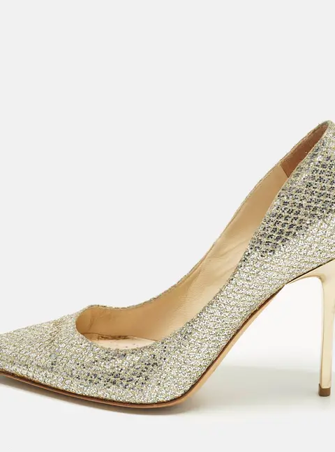 Jimmy Choo Abel Size 37 Gold Glitter Pointed Toe  Pumps