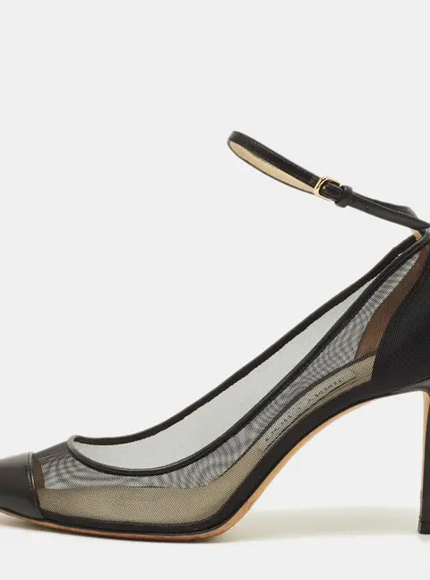 Jimmy Choo Size 38 Black Leather and Mesh Ankle Strap Pumps