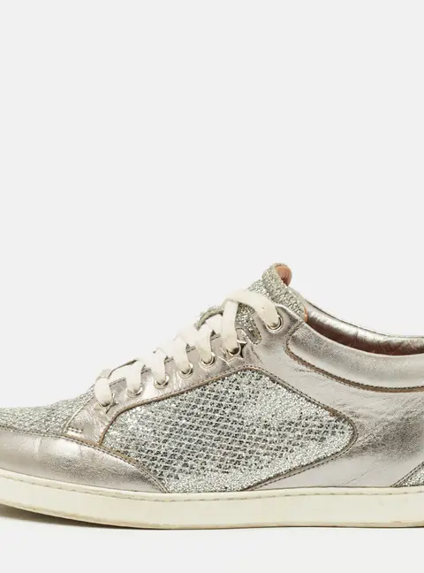 Jimmy Choo Miami Size 40 Silver Glitter and Leather Low Top Sneakers