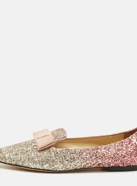 Jimmy Choo Gala Size 38 Metallic Glitter Bow Pointed Toe Ballet Flats