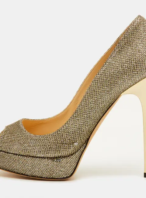 Jimmy Choo Luna Size 38.5 Gold Metallic Lurex Fabric Platform Peep Toe Pumps