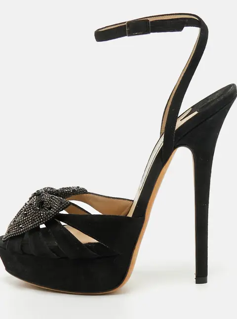 Jimmy Choo Size 38.5 Black Suede Bow Crystal Embellished Ankle Strap Platform Sandals