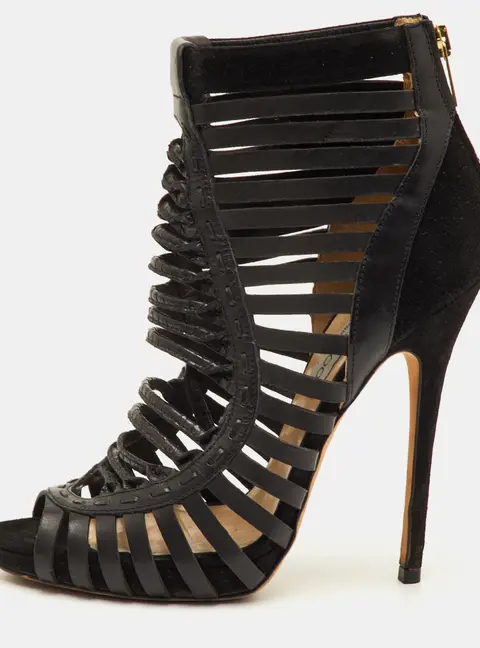 Jimmy Choo Caged Size 38.5 Black Leather and Suede Open Toe Gladiator Sandals