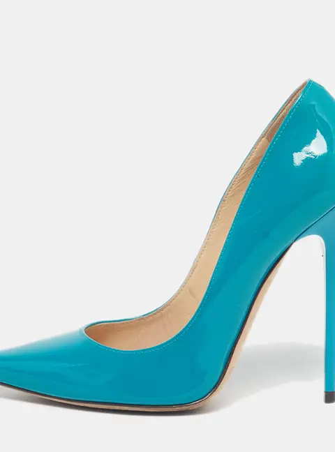 Jimmy Choo Anouk Size 37.5 Teal Blue Patent Leather Pumps