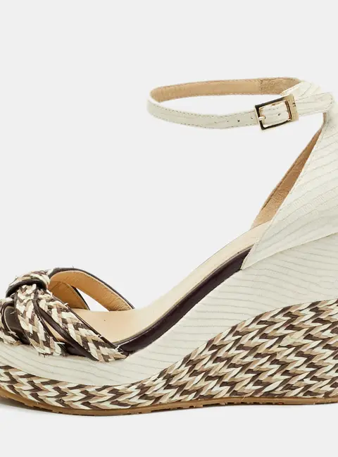 Jimmy Choo Size 37.5 White/Brown Lizard Embossed Leather Raffia Wedge Sandals