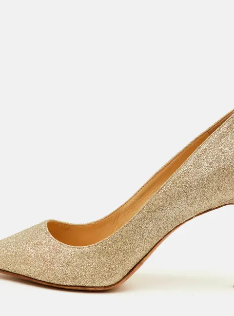 Jimmy Choo Romy Size 35.5 Metallic Gold Glitter Pointed Toe Pumps