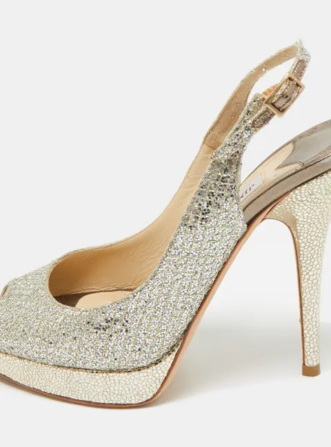 Jimmy Choo Gold Glitter Accents Peep Toe Slingback Pumps Size 36