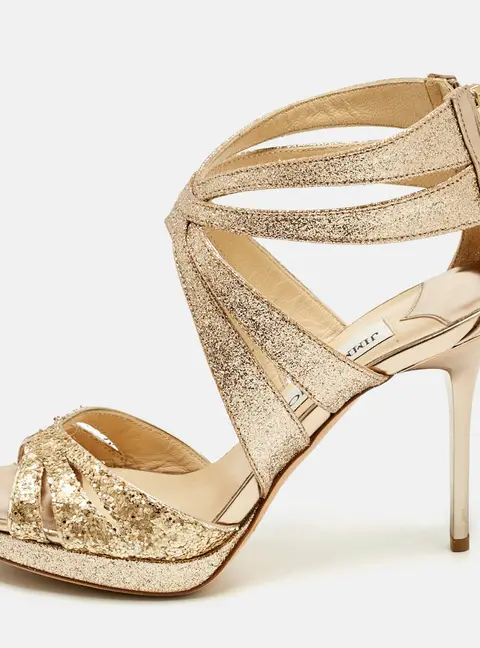 Jimmy Choo Size 35.5 Gold Glitter and Leather Ankle Strap Sandals