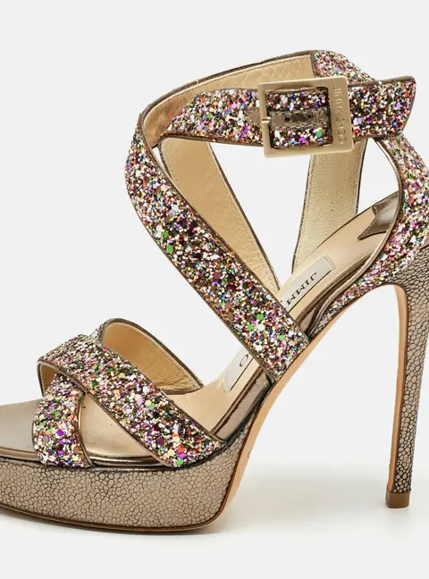 Jimmy Choo Multicolor Glitter and Leather Platform Ankle Strap Sandals Size 36