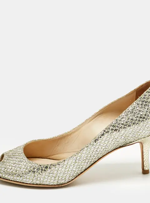 Jimmy Choo Silver Glitter Isabel Peep Toe Pumps Size 35.5