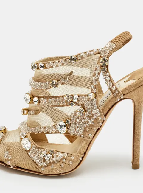 Jimmy Choo Beige Mesh and Suede Crystal Embellished Slingback Sandals Size 37