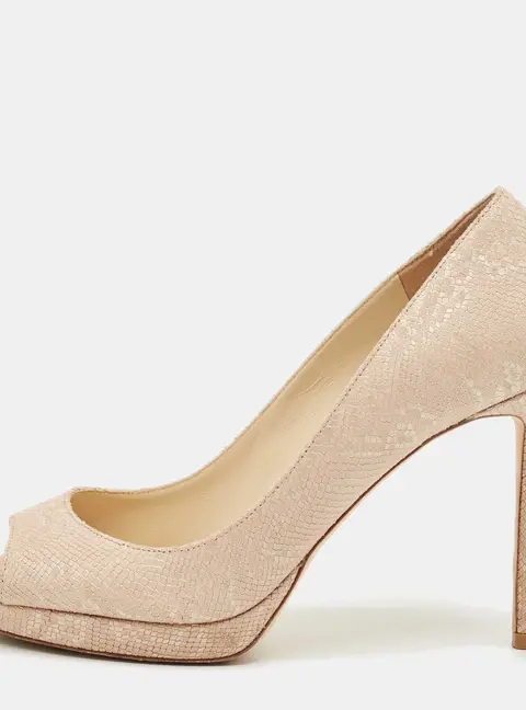 Jimmy Choo Beige Lizard Embossed Leather Peep Toe Pumps Size 38