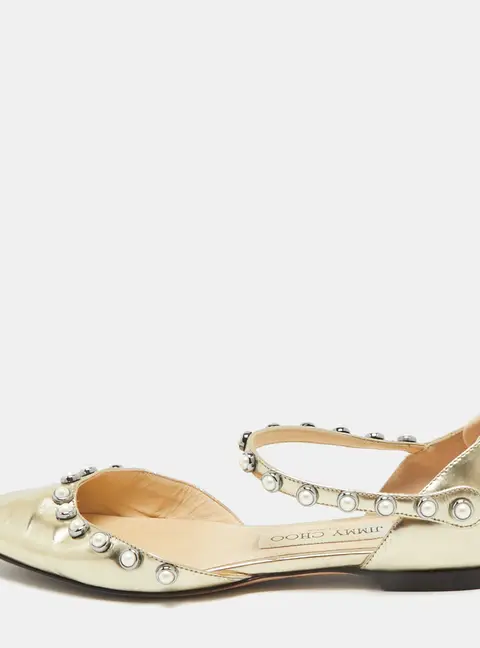 Jimmy Choo Gold Leather Pearl Embellish Leema Ankle Strap Flats Size 35.5
