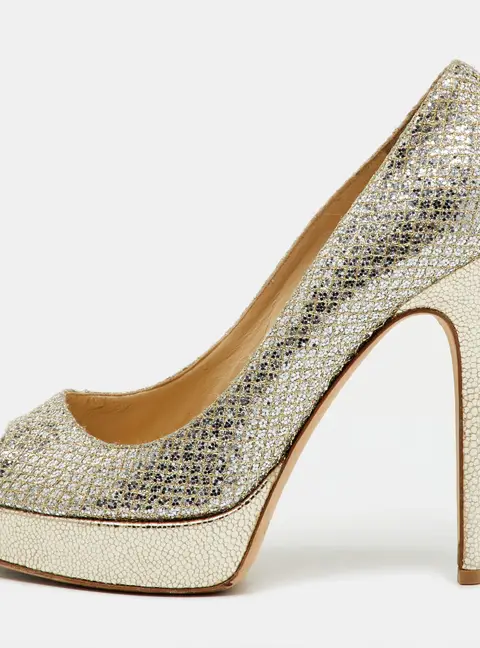Jimmy Choo Metallic Gold Glitter Fabric Dahlia Peep Toe Platform Pumps Size 38.5
