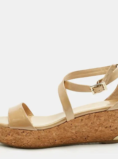 Jimmy Choo Beige Patent Leather Cork Wedge Cross Strap Sandals Size 40