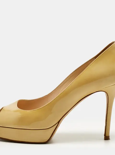 Jimmy Choo Beige Patent Leather Crown Peep Toe  Platform Pumps Size 40.5