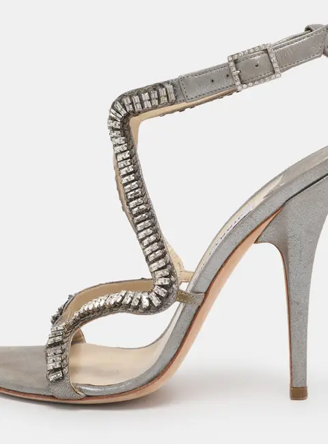 Jimmy Choo Metallic Grey Textured Suede Crystal Embellished Angel Sandals Size 38.5