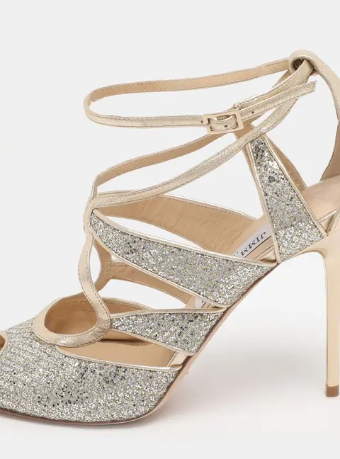 Jimmy Choo Gold Glitter and Lame Fabric Kelsey Strappy Sandals Size 39